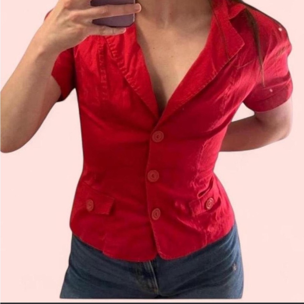 Red Short-Sleeve Button Front Women's Top